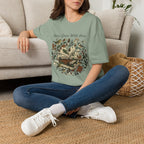 Ideas Grow Wild Here homeschool mom graphic t-shirt with an adventurous homeschool graphic with nature, books, and outdoor learning energy