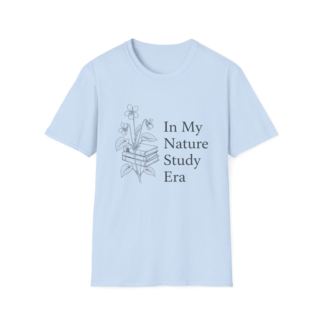Nature Study Era homeschool mom graphic t-shirt with a Charlotte Mason-inspired design with books, nature details, and vintage homeschool charm