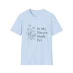 Nature Study Era homeschool mom graphic t-shirt with a Charlotte Mason-inspired design with books, nature details, and vintage homeschool charm