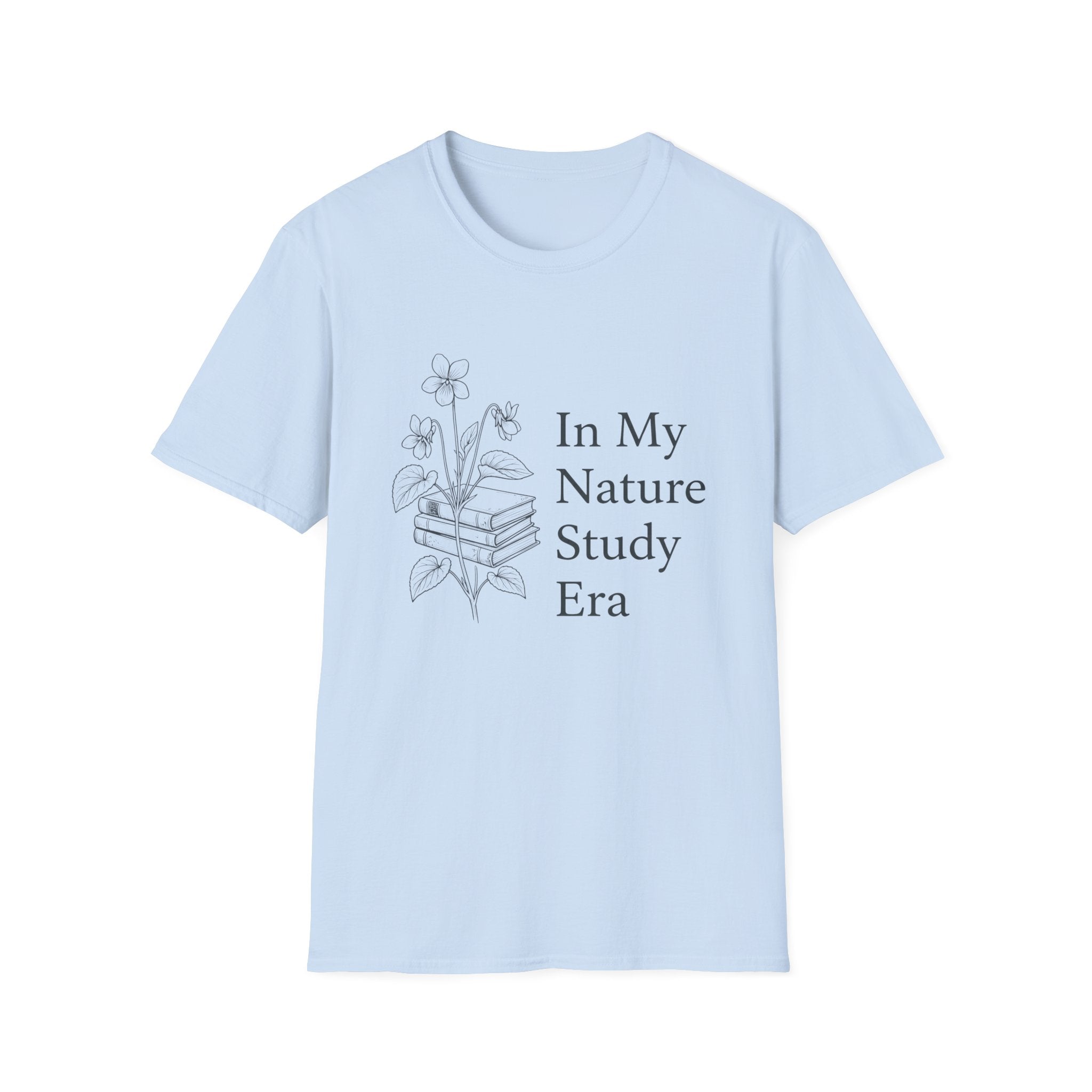 Nature Study Era homeschool mom graphic t-shirt with a Charlotte Mason-inspired design with books, nature details, and vintage homeschool charm