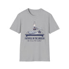 Faithful In The Unseen homeschool mom graphic t-shirt with a faith-filled homeschool design with gentle lettering and classic illustrative details