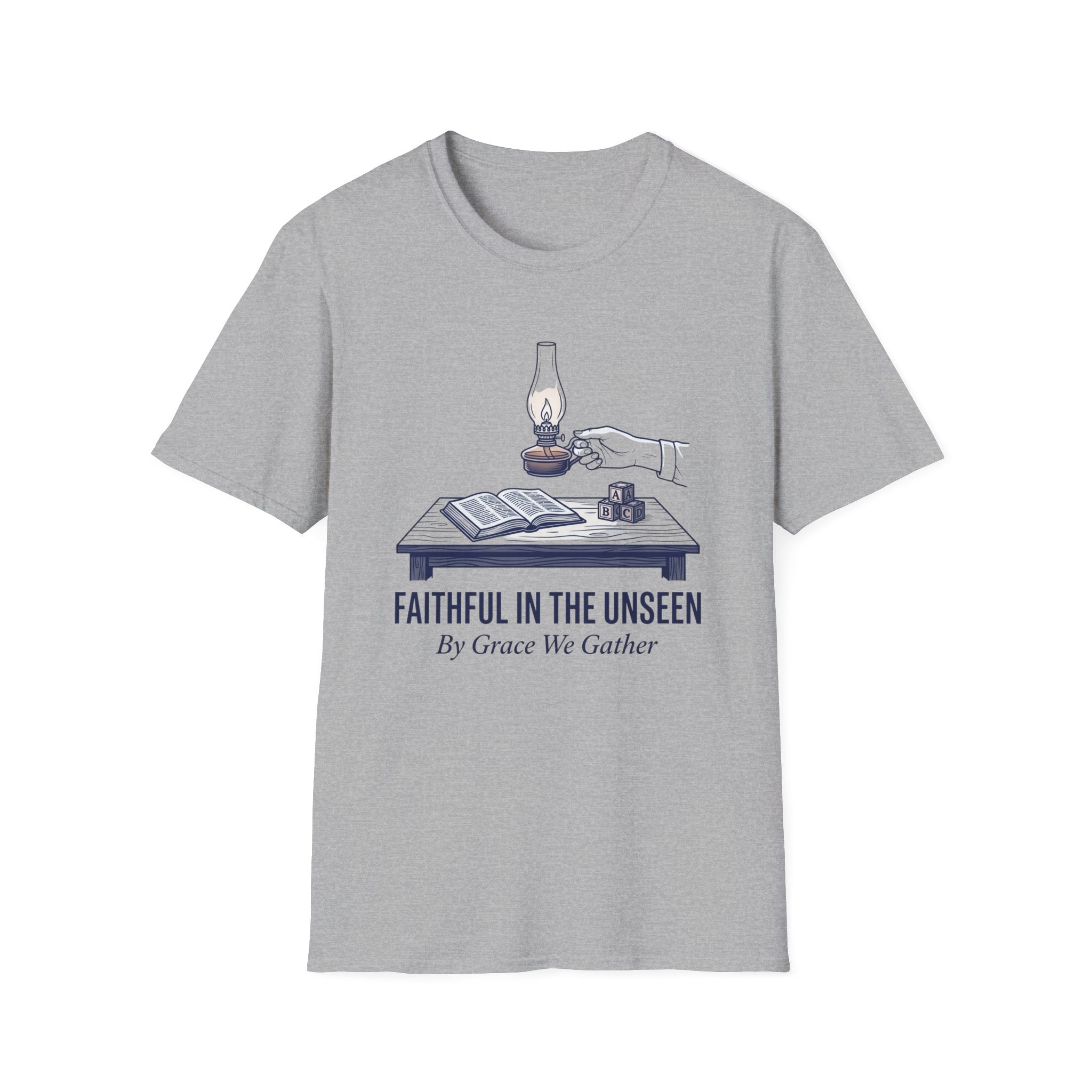 Faithful In The Unseen homeschool mom graphic t-shirt with a faith-filled homeschool design with gentle lettering and classic illustrative details