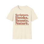 Scripture Books Beauty homeschool mom graphic t-shirt with a faith-filled homeschool design with gentle lettering and classic illustrative details