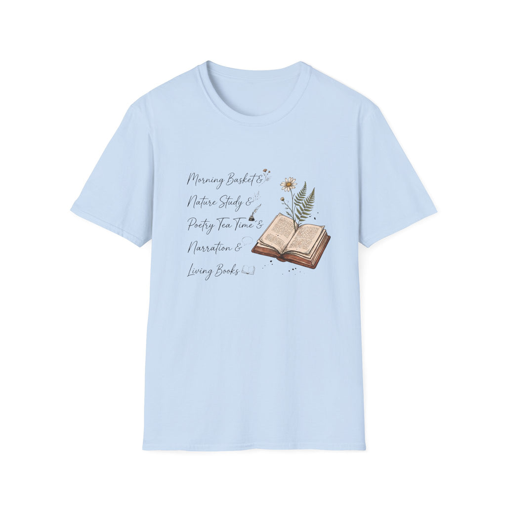 CM Homeschool Check List homeschool mom graphic t-shirt with a playful checklist-style homeschool graphic with bookish and nature-inspired details
