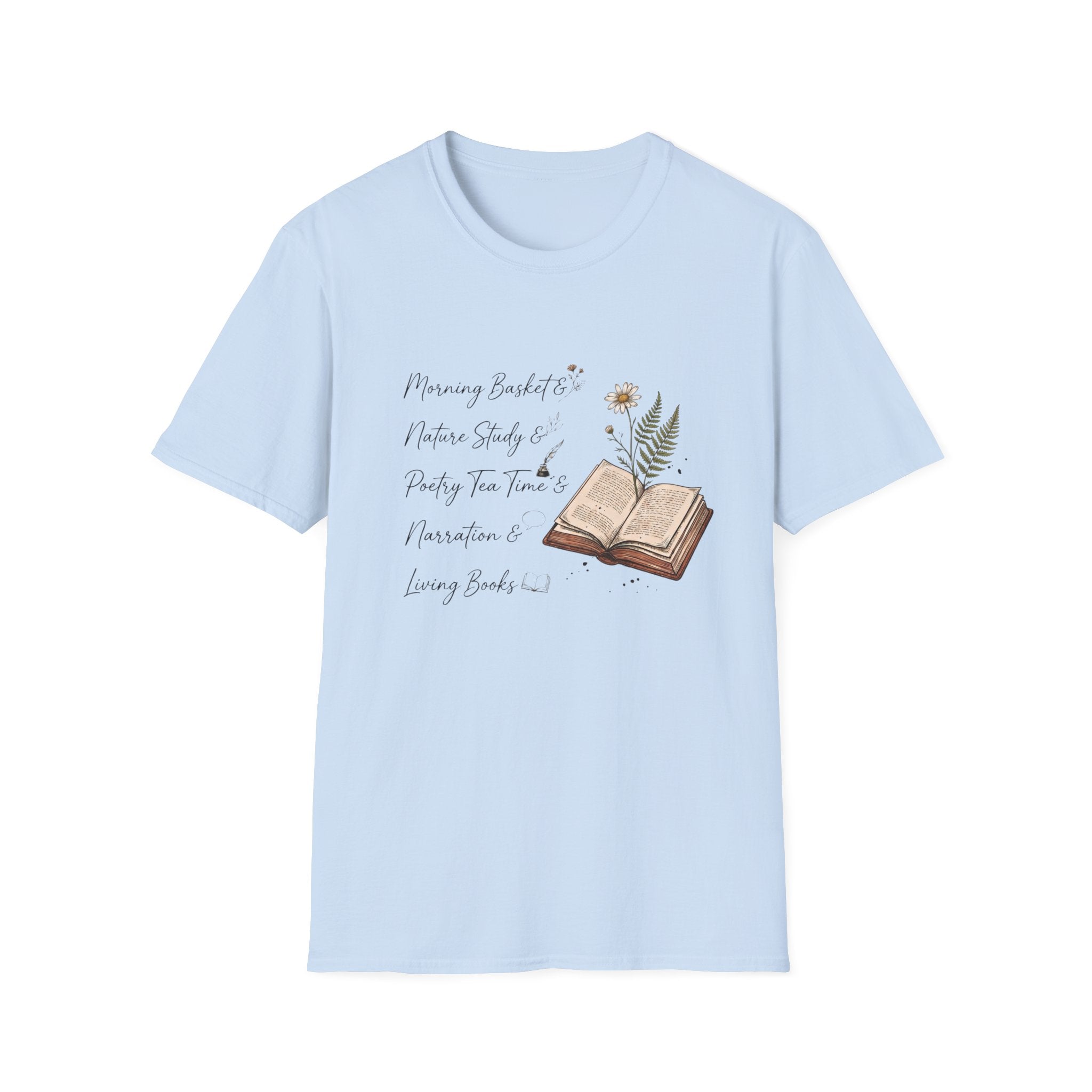CM Homeschool Check List homeschool mom graphic t-shirt with a playful checklist-style homeschool graphic with bookish and nature-inspired details