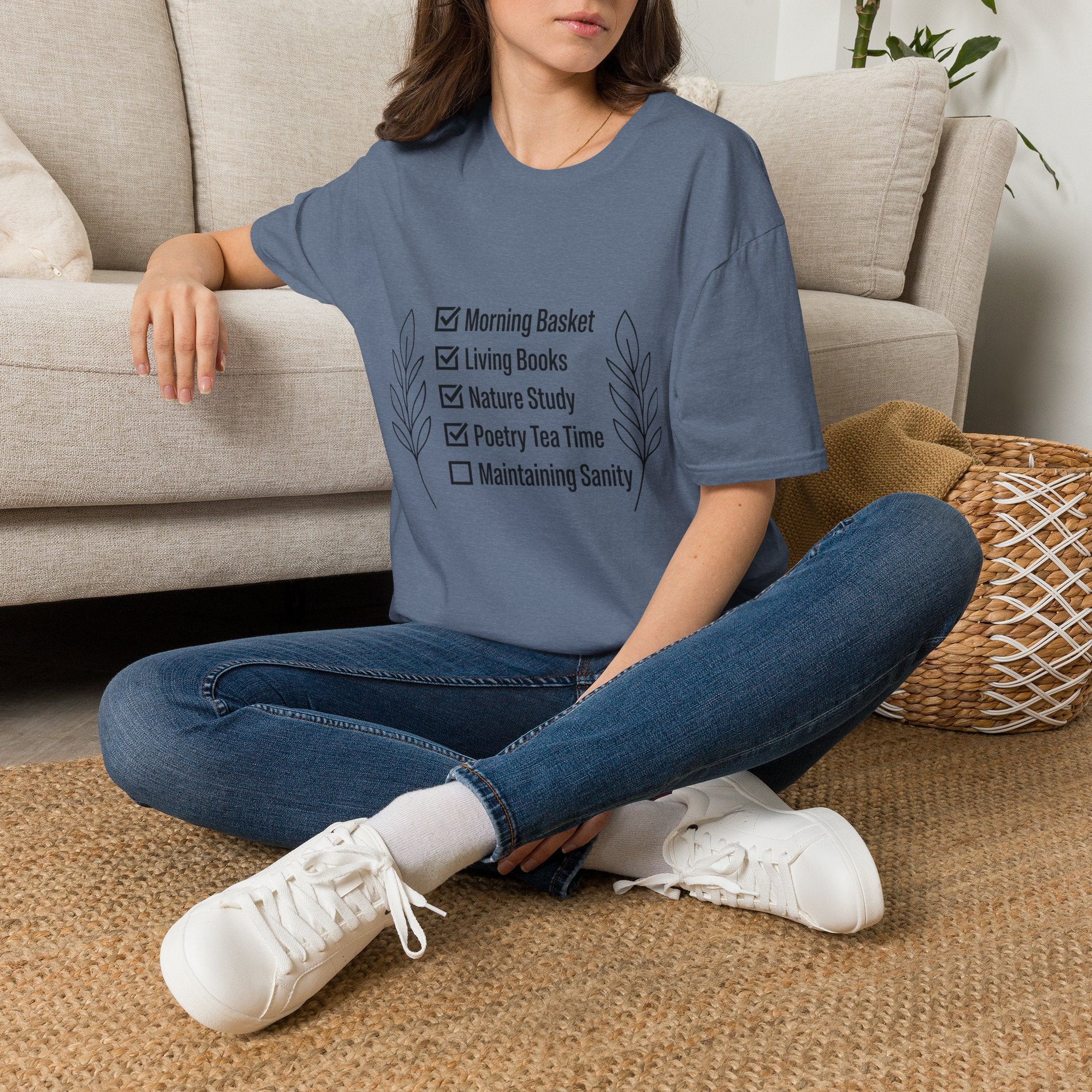 Homeschool Check List homeschool mom graphic t-shirt with a playful checklist-style homeschool graphic with bookish and nature-inspired details