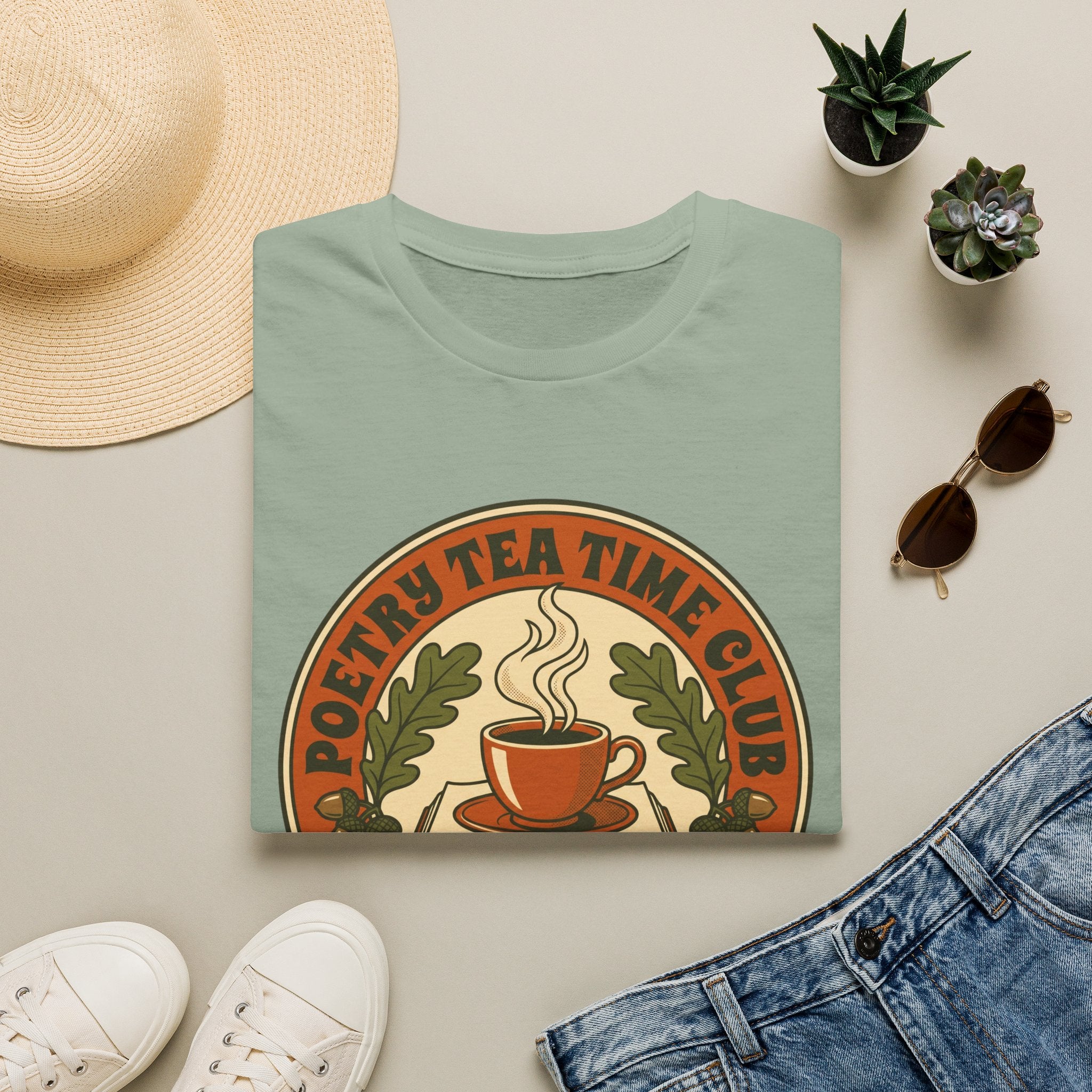 Poetry Tea Time Club homeschool mom graphic t-shirt with a cozy poetry teatime graphic with tea, books, and vintage homeschool charm