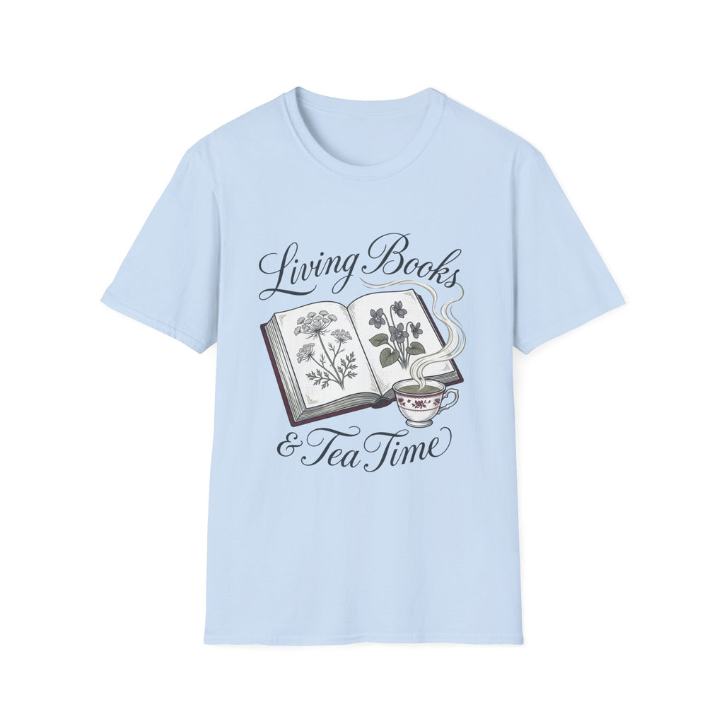 Living Books & Tea Time homeschool mom graphic t-shirt with a Charlotte Mason-inspired design with books, nature details, and vintage homeschool charm