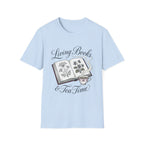Living Books & Tea Time homeschool mom graphic t-shirt with a Charlotte Mason-inspired design with books, nature details, and vintage homeschool charm