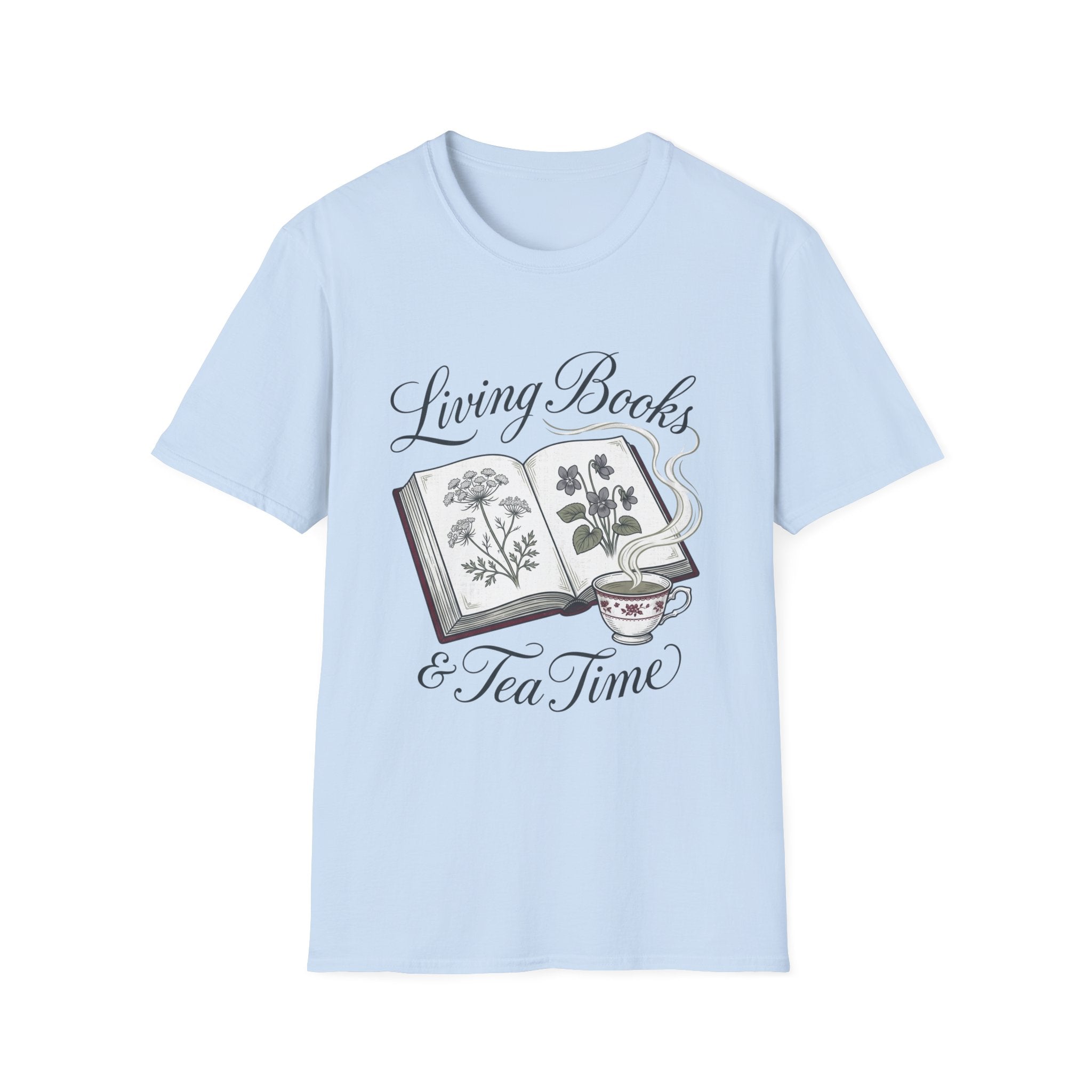 Living Books & Tea Time homeschool mom graphic t-shirt with a Charlotte Mason-inspired design with books, nature details, and vintage homeschool charm