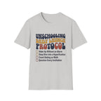 Unschooling Protocol homeschool mom graphic t-shirt with an adventurous homeschool graphic with nature, books, and outdoor learning energy