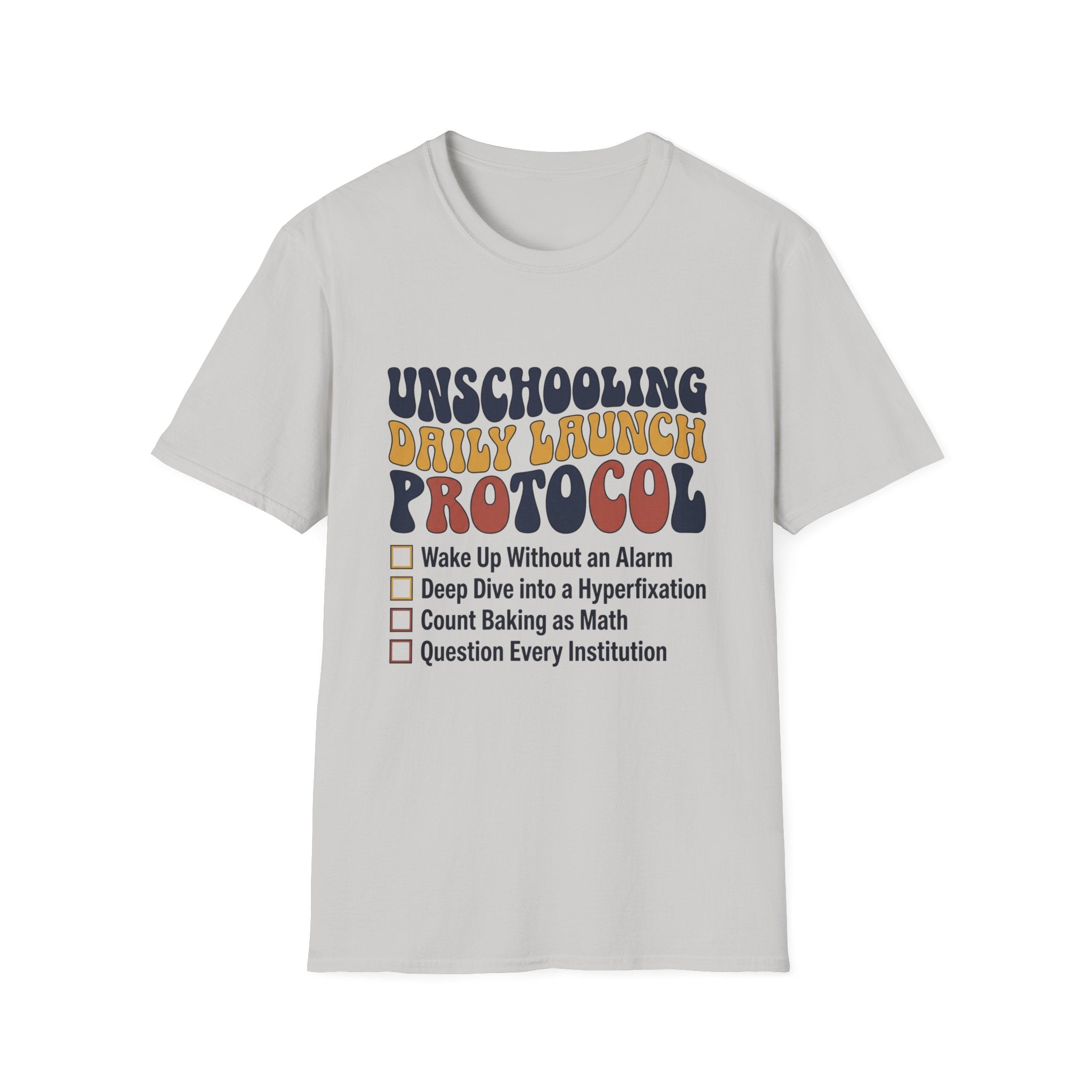 Unschooling Protocol homeschool mom graphic t-shirt with an adventurous homeschool graphic with nature, books, and outdoor learning energy