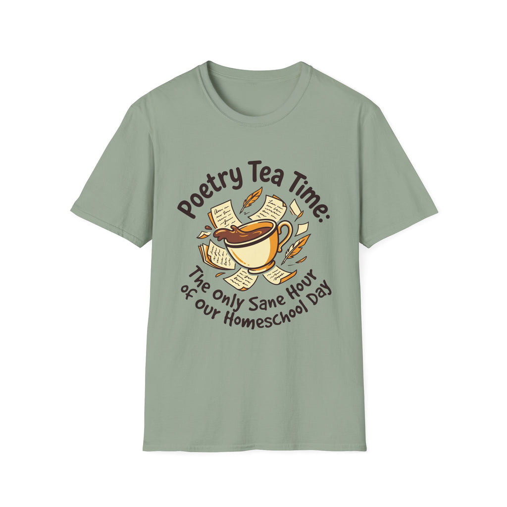 Poetry Tea Time homeschool mom graphic t-shirt with a cozy poetry teatime graphic with tea, books, and vintage homeschool charm
