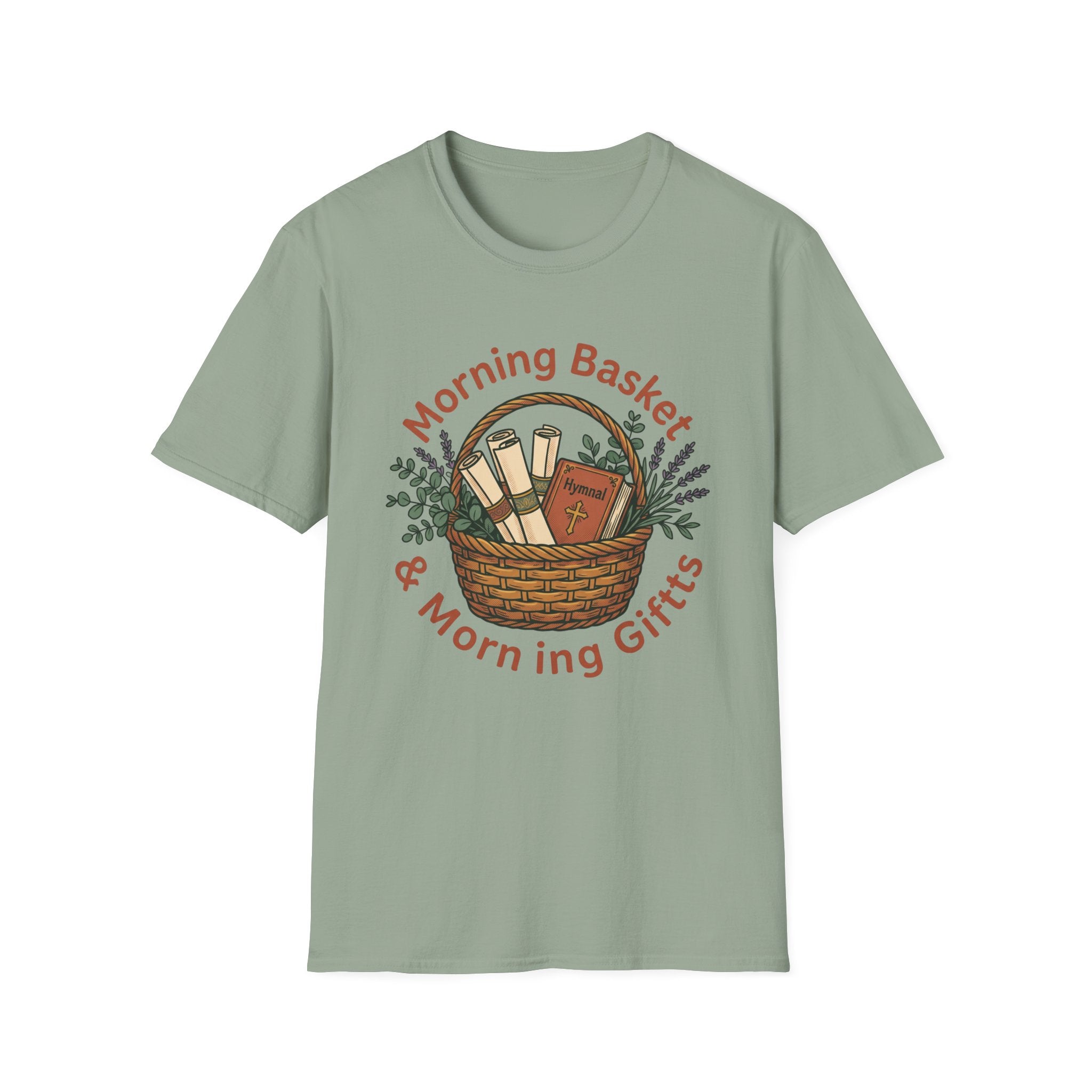 Morning Basket, Morning Gifts homeschool mom graphic t-shirt with a cozy morning basket-inspired design with books, gentle details, and home learning charm