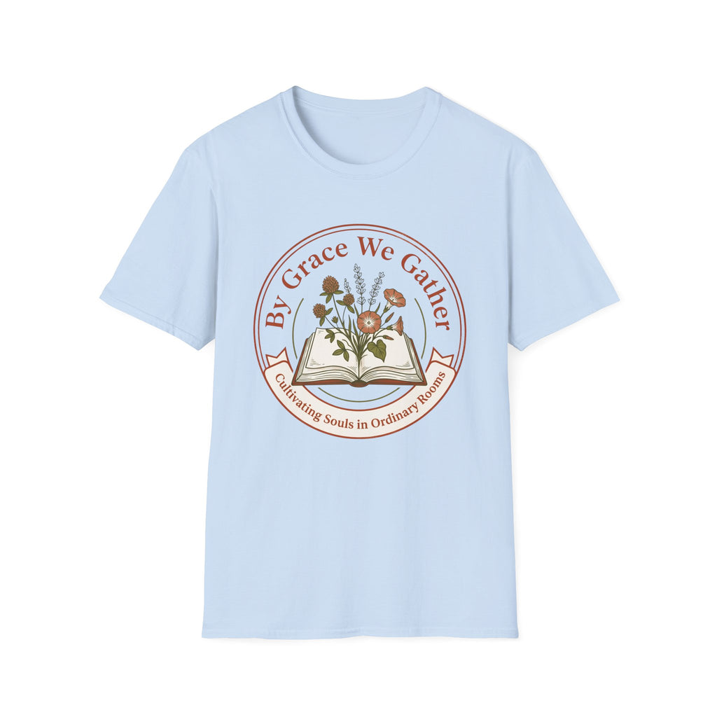 By Grace homeschool mom graphic t-shirt with a faith-filled homeschool design with gentle lettering and classic illustrative details