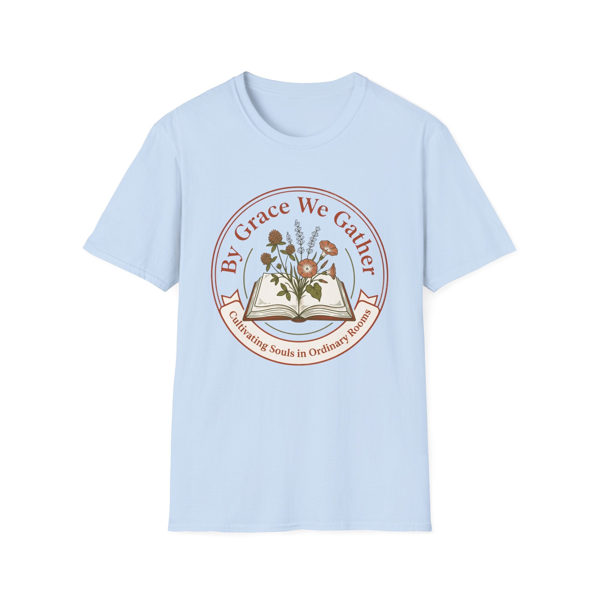 By Grace homeschool mom graphic t-shirt with a faith-filled homeschool design with gentle lettering and classic illustrative details