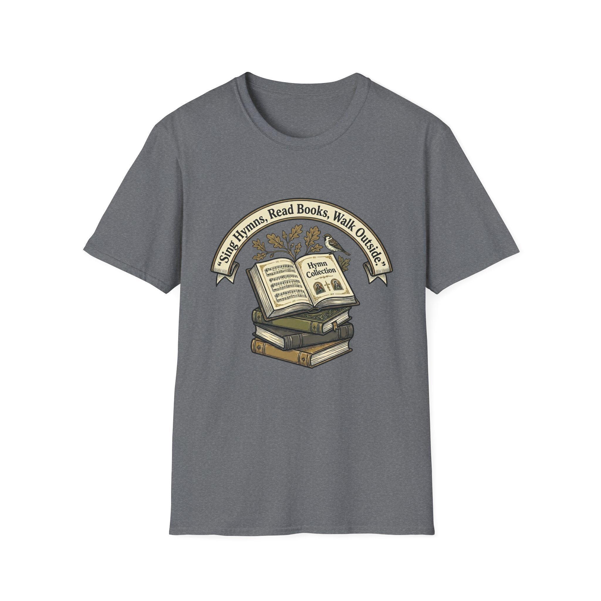 Sing Hymns, Read Books, Walk Outside homeschool mom graphic t-shirt with a faith-filled homeschool design with gentle lettering and classic illustrative details