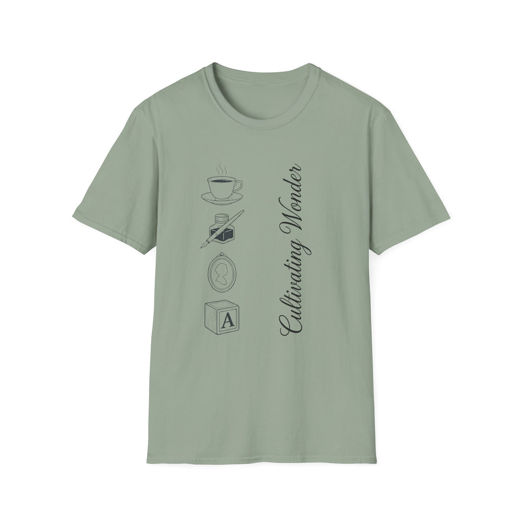 Cultivating Wonder homeschool mom graphic t-shirt with a Charlotte Mason-inspired design with books, nature details, and vintage homeschool charm