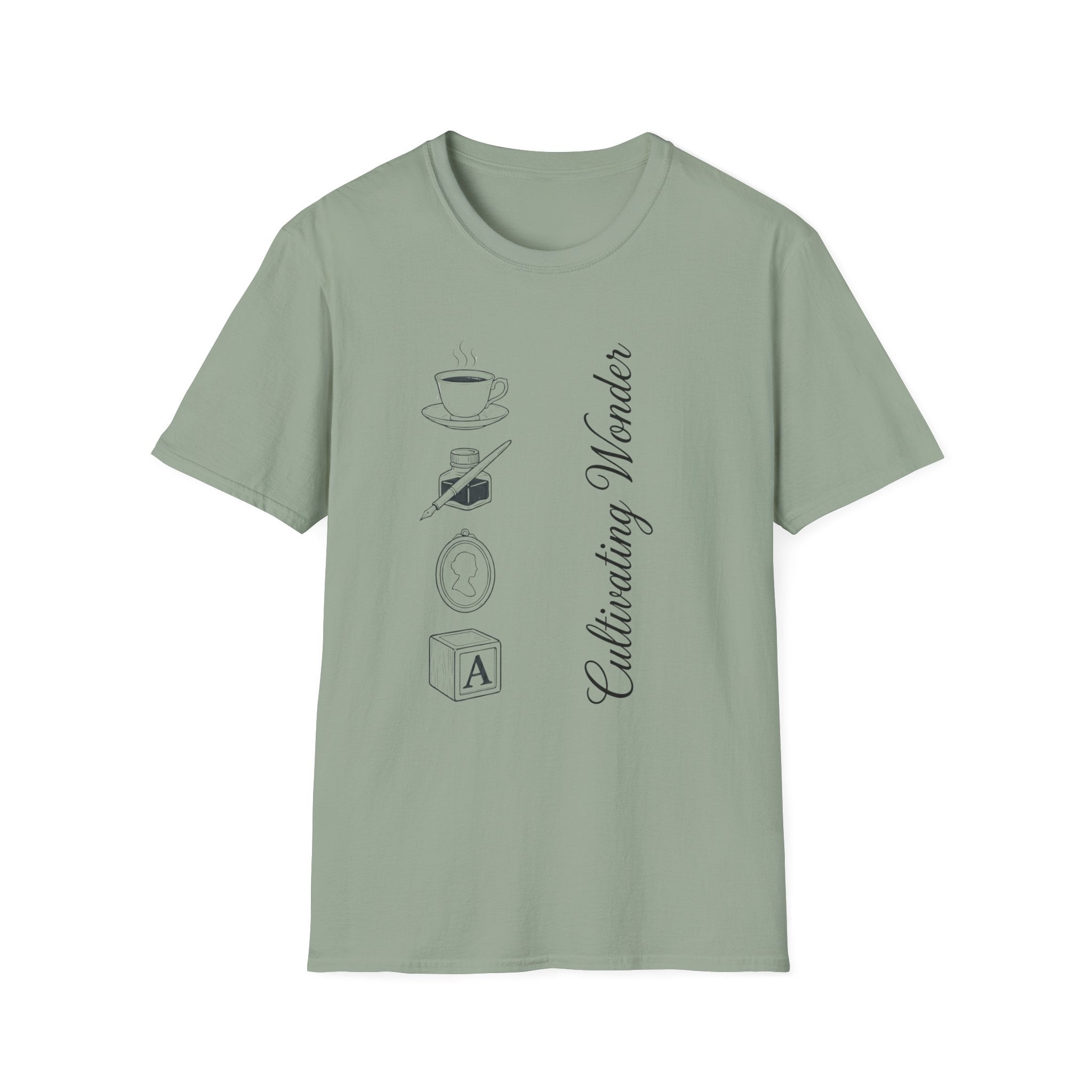 Cultivating Wonder homeschool mom graphic t-shirt with a Charlotte Mason-inspired design with books, nature details, and vintage homeschool charm