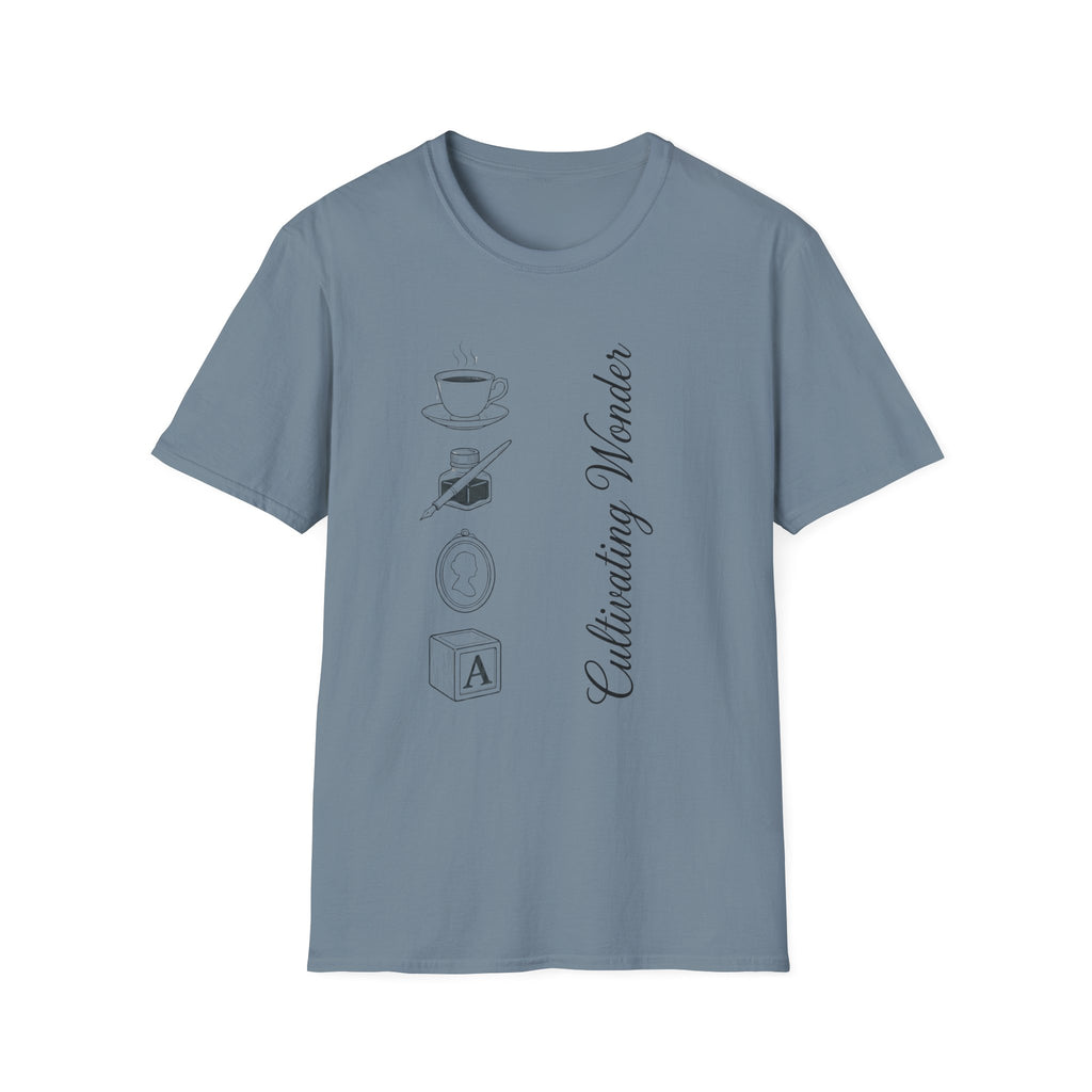 Cultivating Wonder homeschool mom graphic t-shirt with a Charlotte Mason-inspired design with books, nature details, and vintage homeschool charm