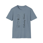 Cultivating Wonder homeschool mom graphic t-shirt with a Charlotte Mason-inspired design with books, nature details, and vintage homeschool charm
