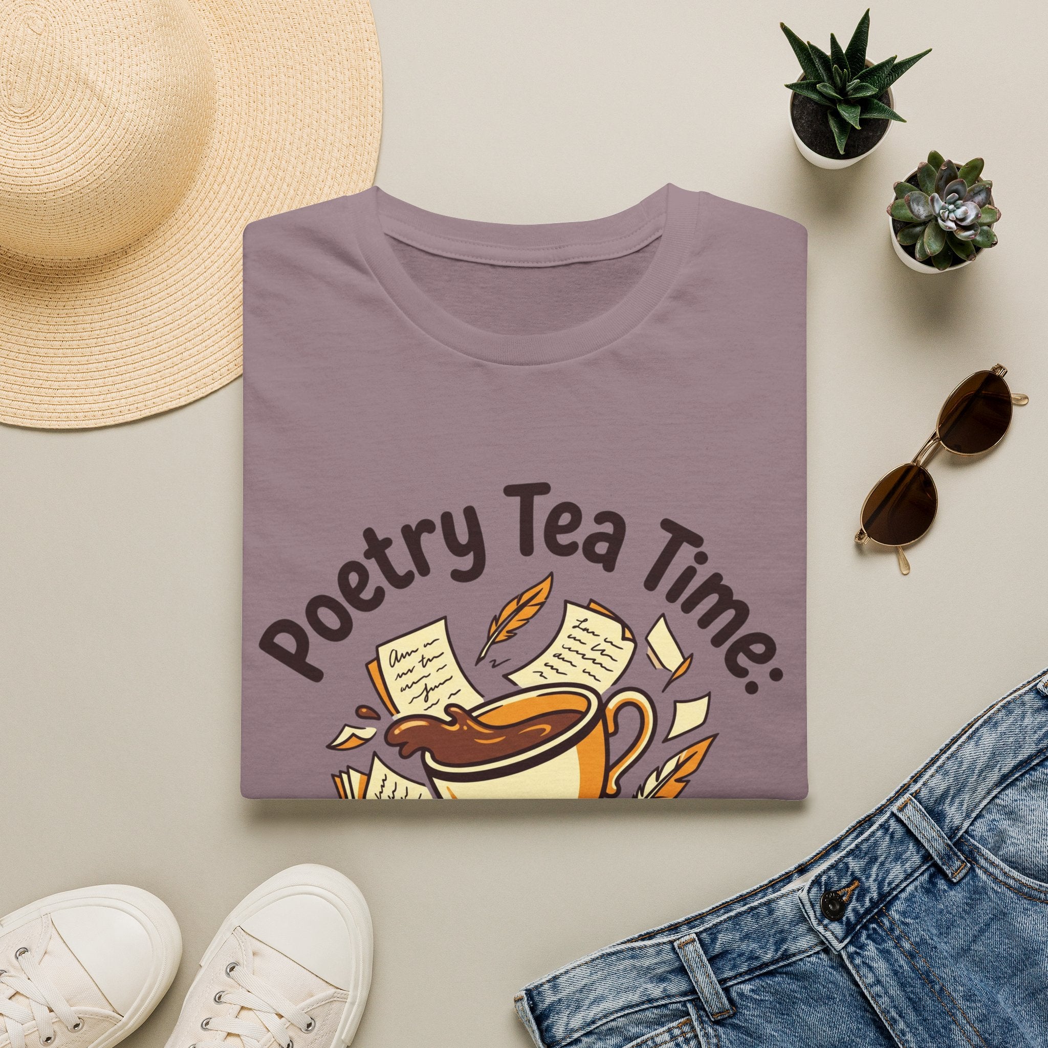 Poetry Tea Time homeschool mom graphic t-shirt with a cozy poetry teatime graphic with tea, books, and vintage homeschool charm