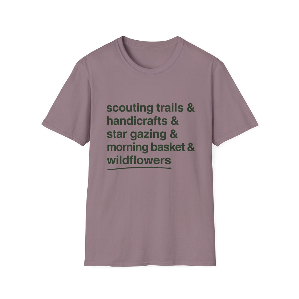 Scouting Trails Check List homeschool mom graphic t-shirt with a playful checklist-style homeschool graphic with bookish and nature-inspired details