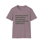 Scouting Trails Check List homeschool mom graphic t-shirt with a playful checklist-style homeschool graphic with bookish and nature-inspired details