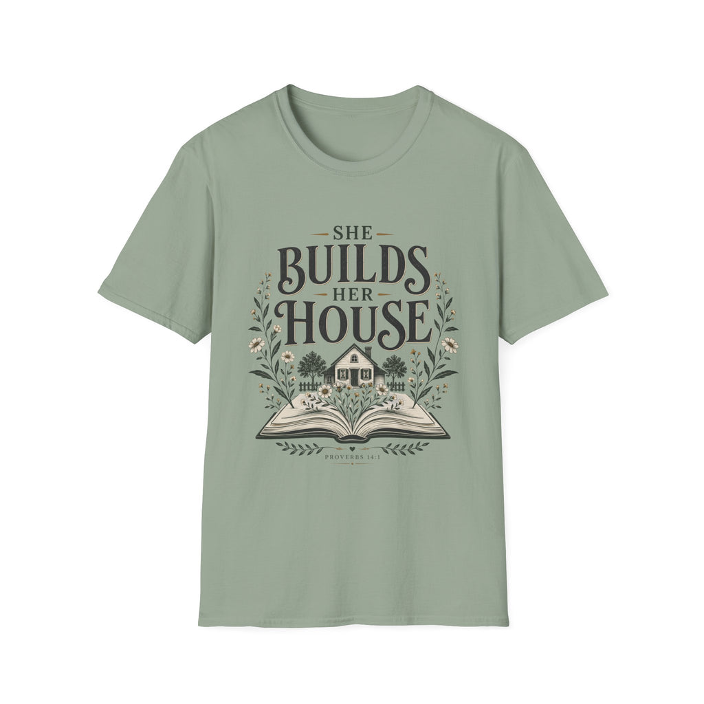 She Builds Her House homeschool mom graphic t-shirt with a faith-filled homeschool design with gentle lettering and classic illustrative details