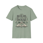 She Builds Her House homeschool mom graphic t-shirt with a faith-filled homeschool design with gentle lettering and classic illustrative details