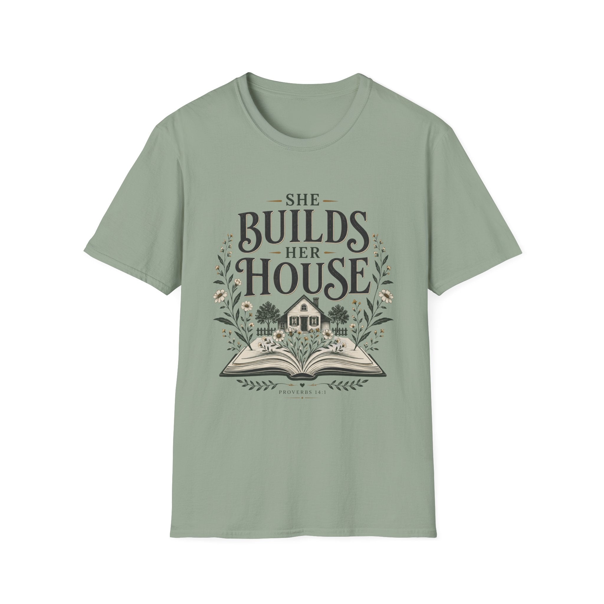 She Builds Her House homeschool mom graphic t-shirt with a faith-filled homeschool design with gentle lettering and classic illustrative details