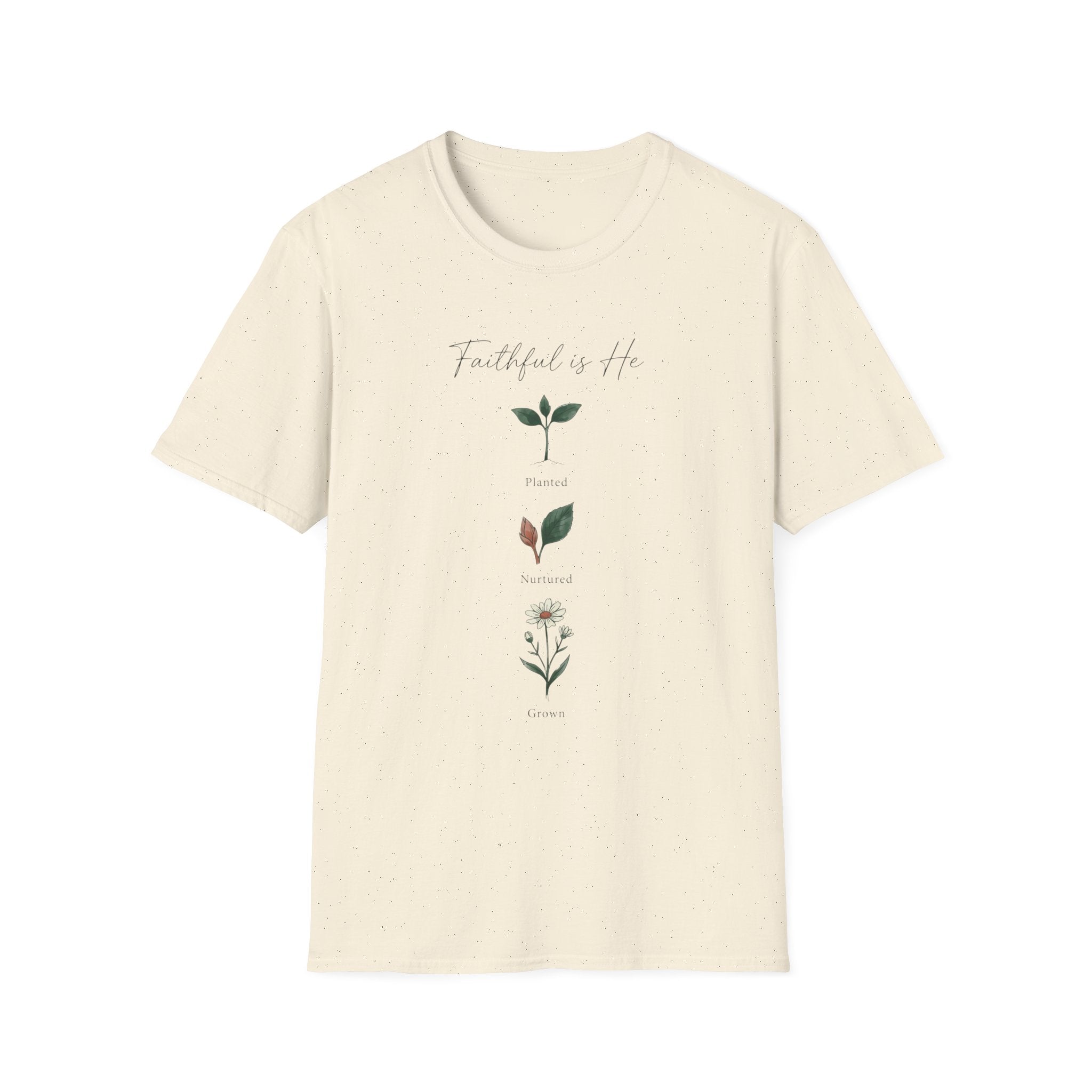 Faithful Is He homeschool mom graphic t-shirt with a faith-filled homeschool design with gentle lettering and classic illustrative details