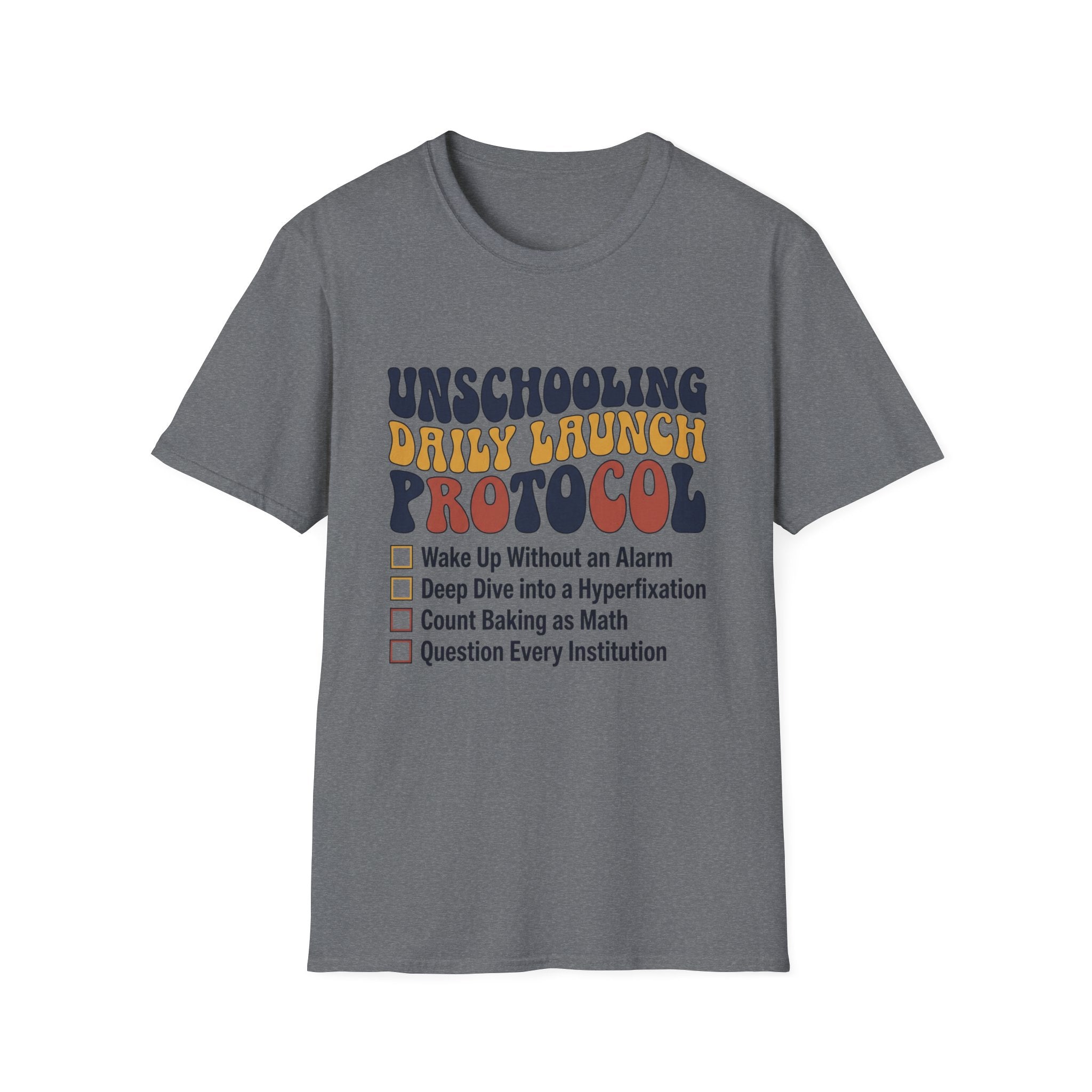 Unschooling Protocol homeschool mom graphic t-shirt with an adventurous homeschool graphic with nature, books, and outdoor learning energy