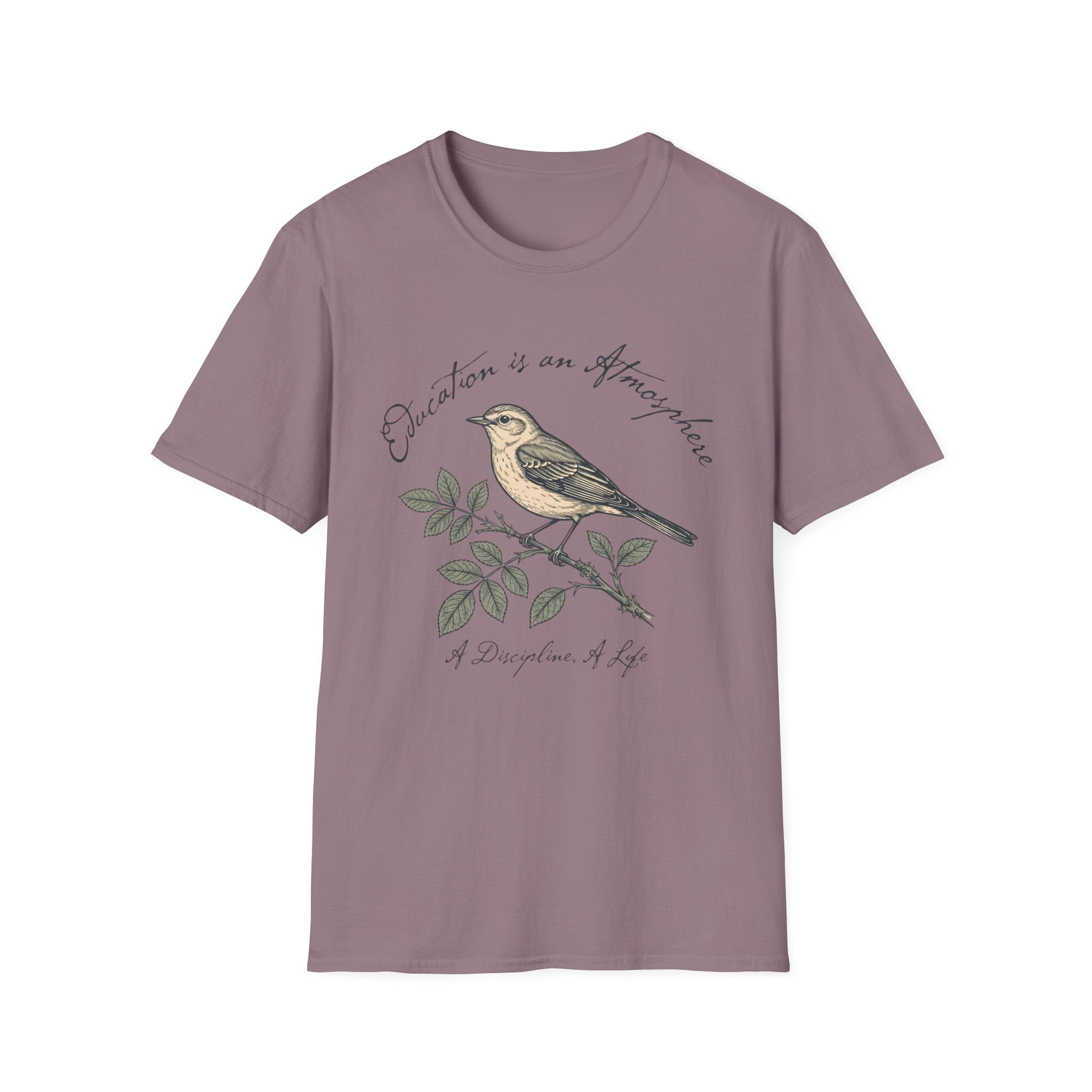 Education Is An Atmosphere T Shirt homeschool mom graphic t-shirt with a Charlotte Mason-inspired design with books, nature details, and vintage homeschool charm