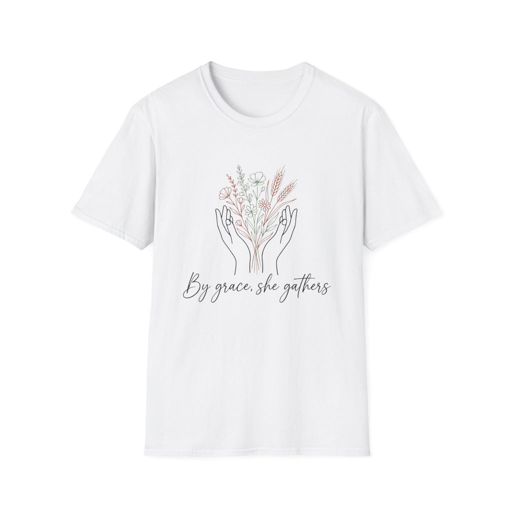 By Grace homeschool mom graphic t-shirt with a faith-filled homeschool design with gentle lettering and classic illustrative details