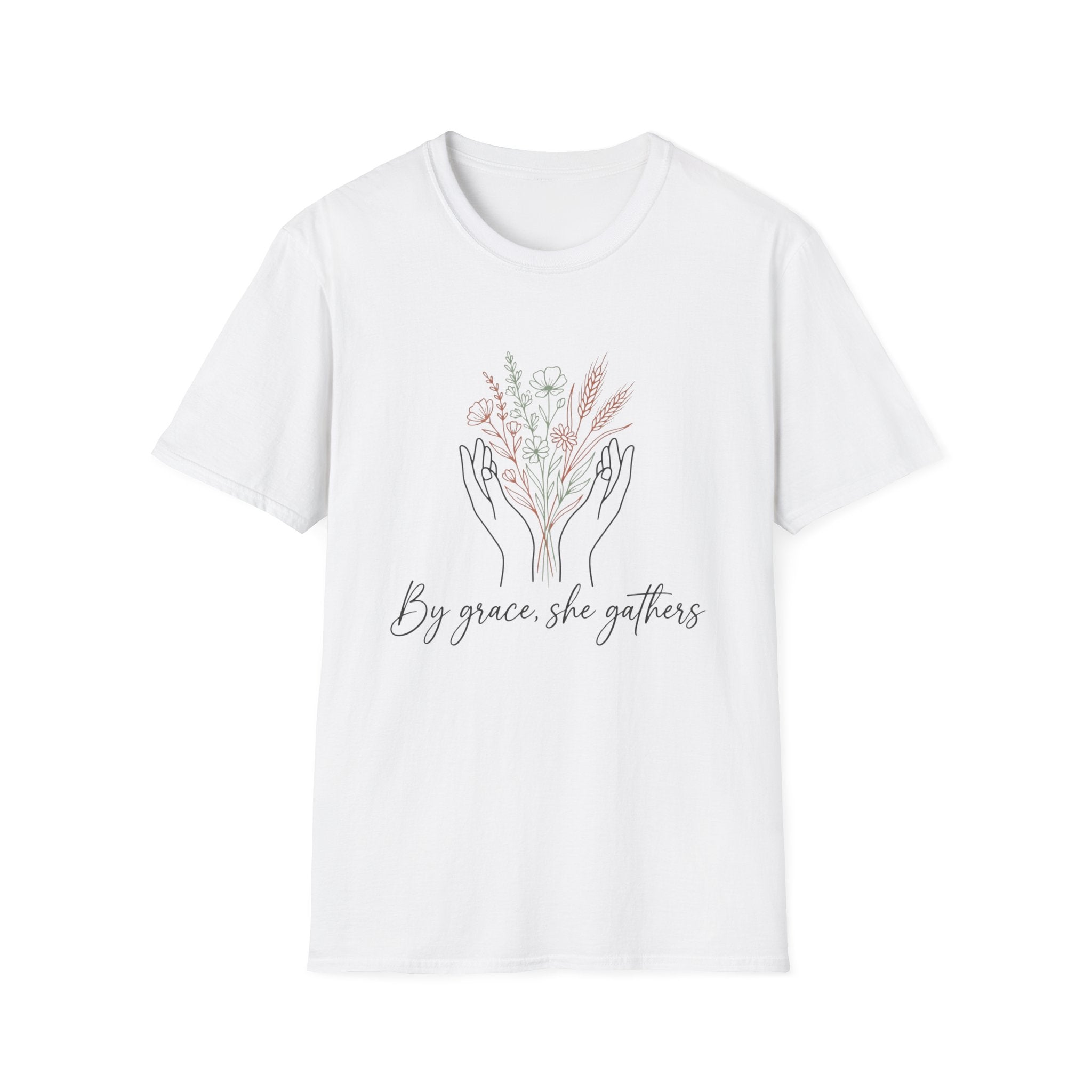 By Grace homeschool mom graphic t-shirt with a faith-filled homeschool design with gentle lettering and classic illustrative details
