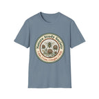 Nature Study Society homeschool mom graphic t-shirt with a Charlotte Mason-inspired design with books, nature details, and vintage homeschool charm