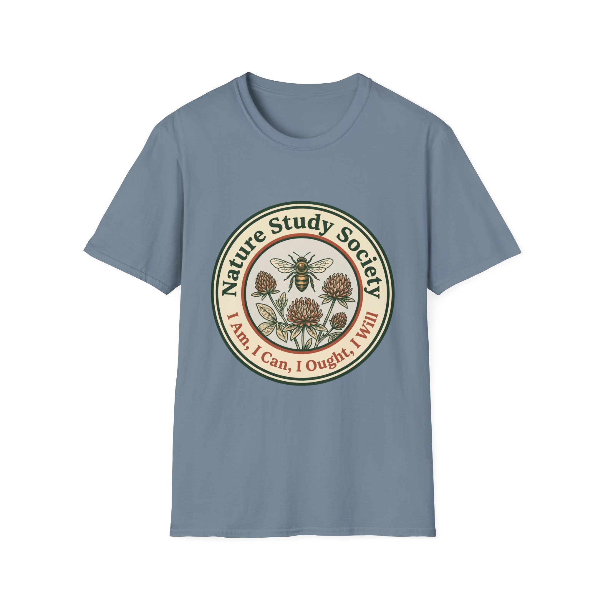 Nature Study Society homeschool mom graphic t-shirt with a Charlotte Mason-inspired design with books, nature details, and vintage homeschool charm