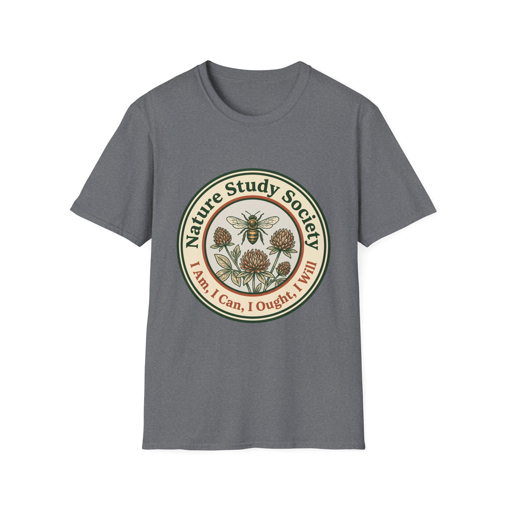 Nature Study Society homeschool mom graphic t-shirt with a Charlotte Mason-inspired design with books, nature details, and vintage homeschool charm