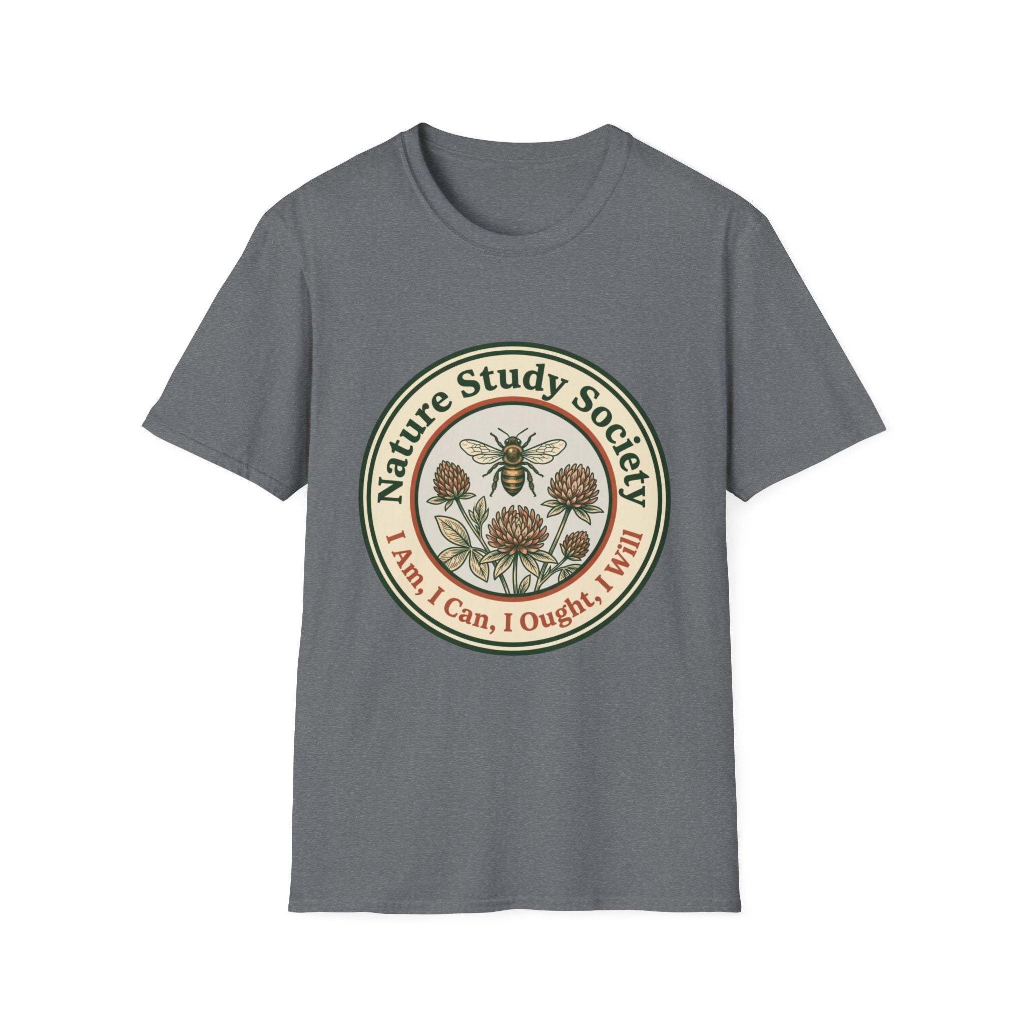 Nature Study Society homeschool mom graphic t-shirt with a Charlotte Mason-inspired design with books, nature details, and vintage homeschool charm