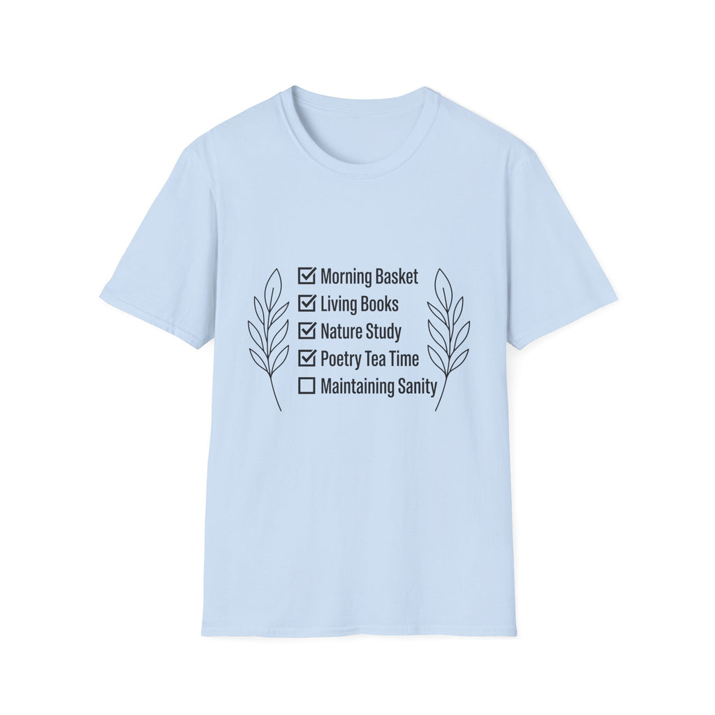 Homeschool Check List homeschool mom graphic t-shirt with a playful checklist-style homeschool graphic with bookish and nature-inspired details