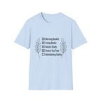 Homeschool Check List homeschool mom graphic t-shirt with a playful checklist-style homeschool graphic with bookish and nature-inspired details