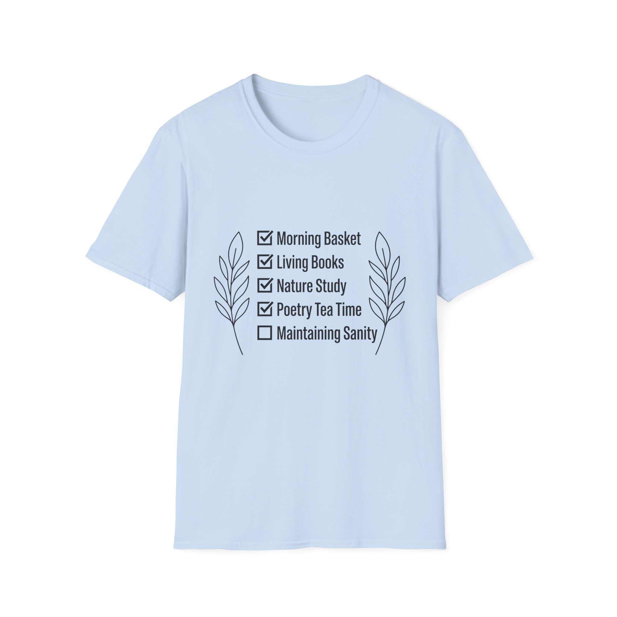 Homeschool Check List homeschool mom graphic t-shirt with a playful checklist-style homeschool graphic with bookish and nature-inspired details