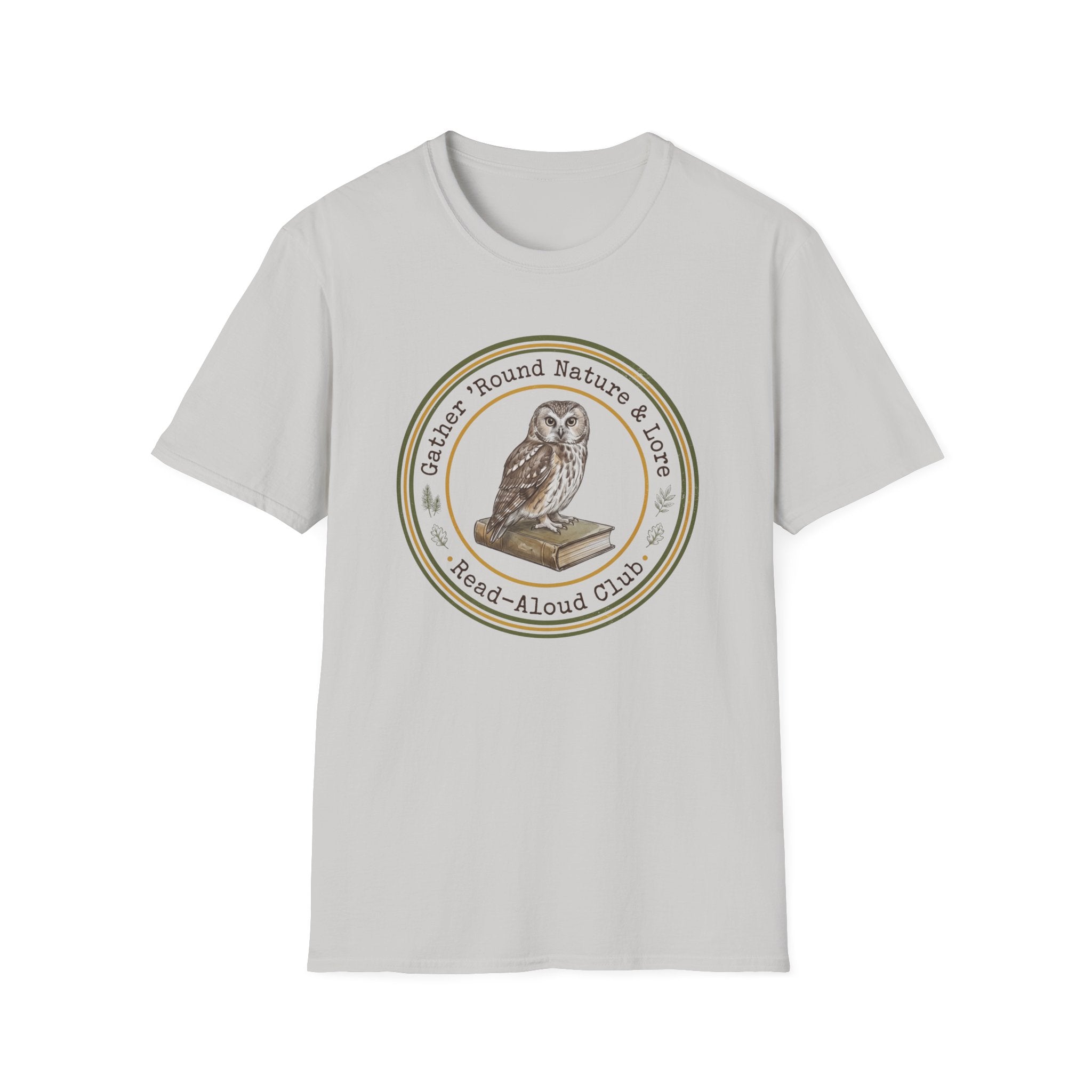 Gather Round Nature & Lore homeschool mom graphic t-shirt with a Charlotte Mason-inspired design with nature details, bookish elements, and classic homeschool lettering