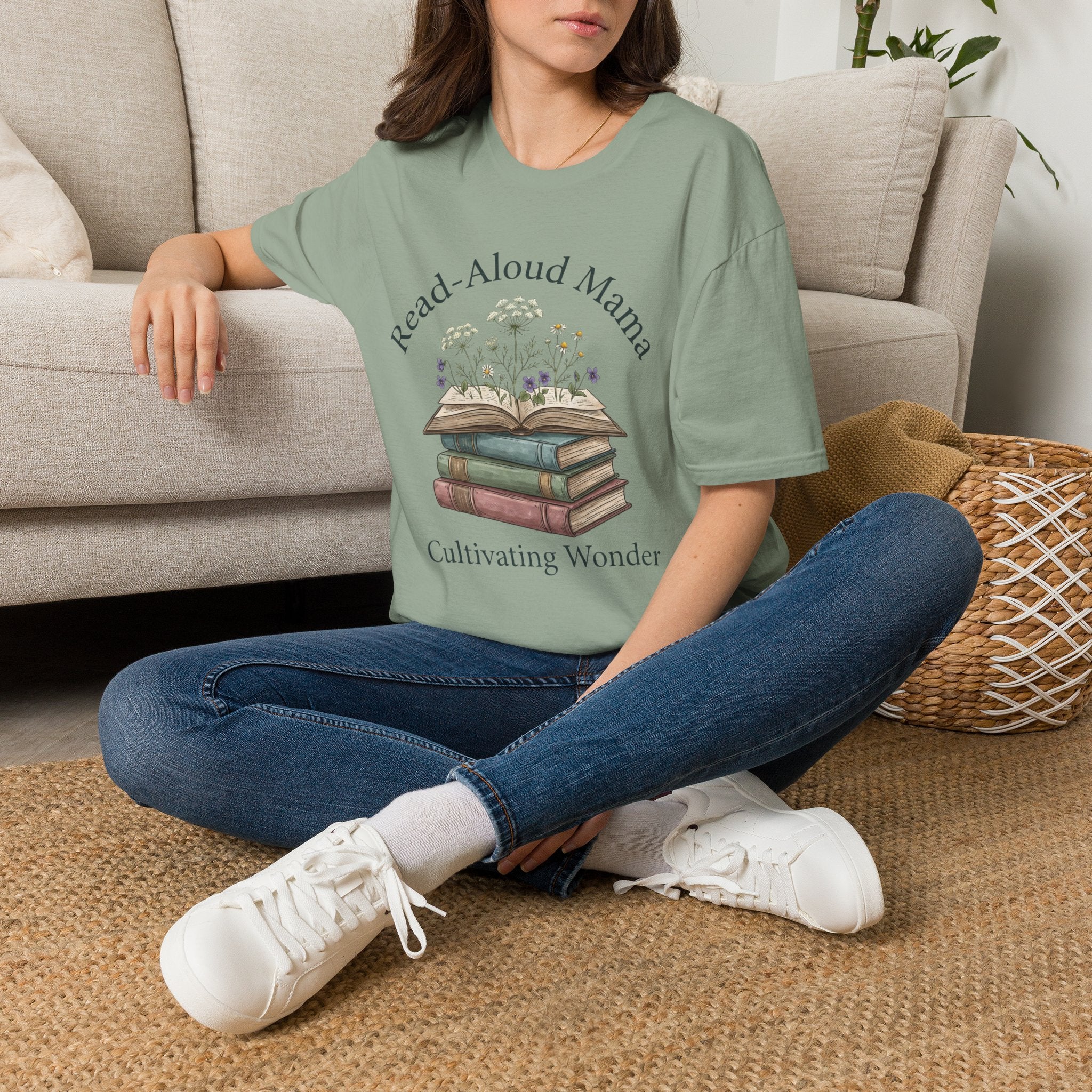 Read Aloud Mama homeschool mom graphic t-shirt with a sweet read-aloud design with stacked books, florals, and gentle homeschool charm