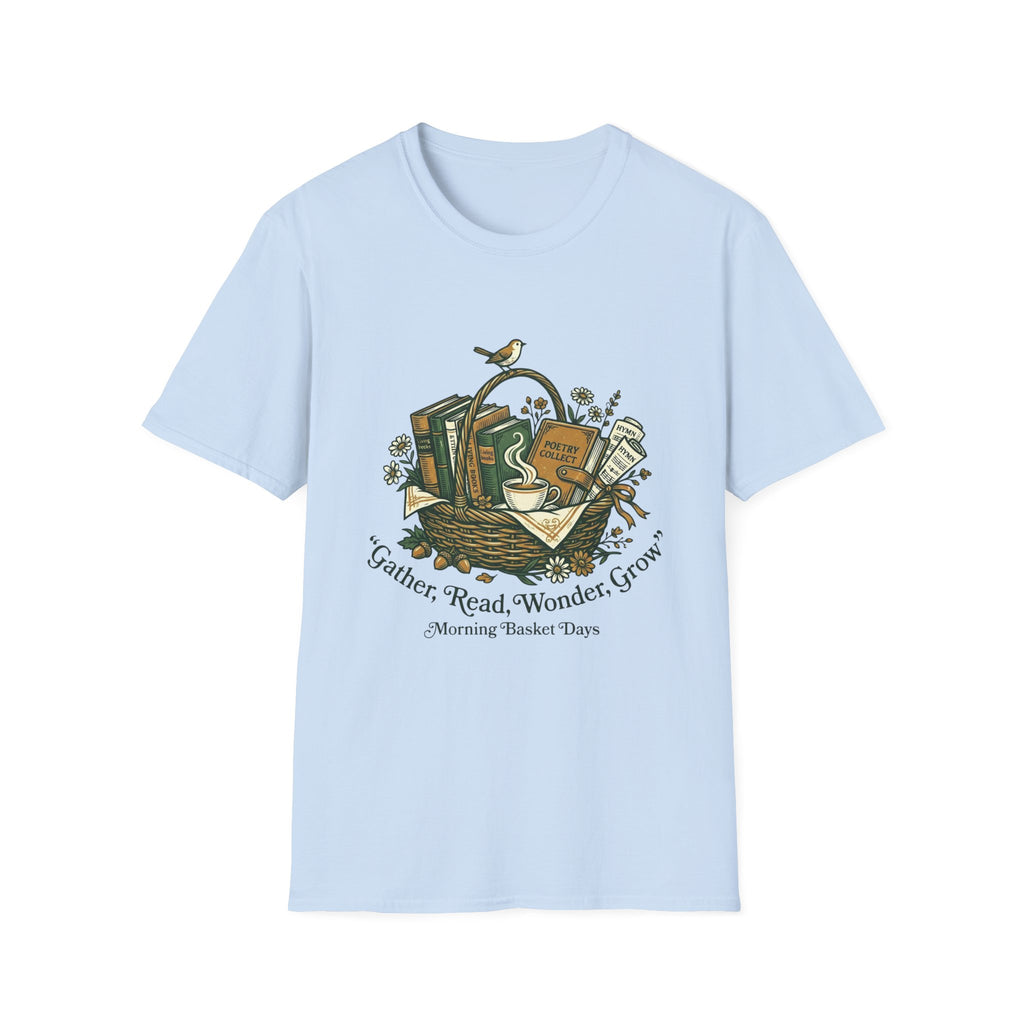 Gather, Read, Wonder, Grow homeschool mom graphic t-shirt with a gathered-at-home inspired graphic with books, florals, and cozy family learning details