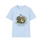 Gather, Read, Wonder, Grow homeschool mom graphic t-shirt with a gathered-at-home inspired graphic with books, florals, and cozy family learning details