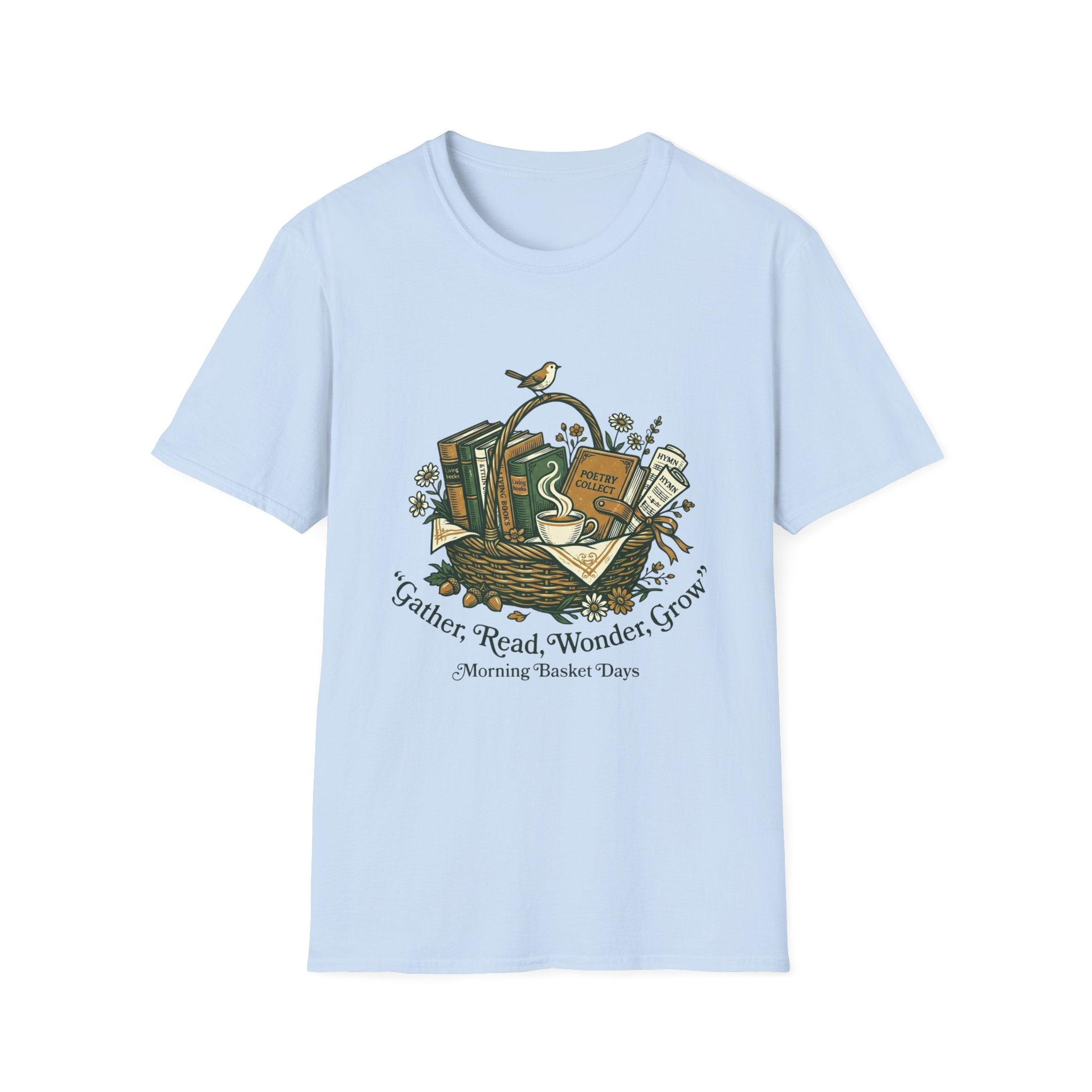 Gather, Read, Wonder, Grow homeschool mom graphic t-shirt with a gathered-at-home inspired graphic with books, florals, and cozy family learning details