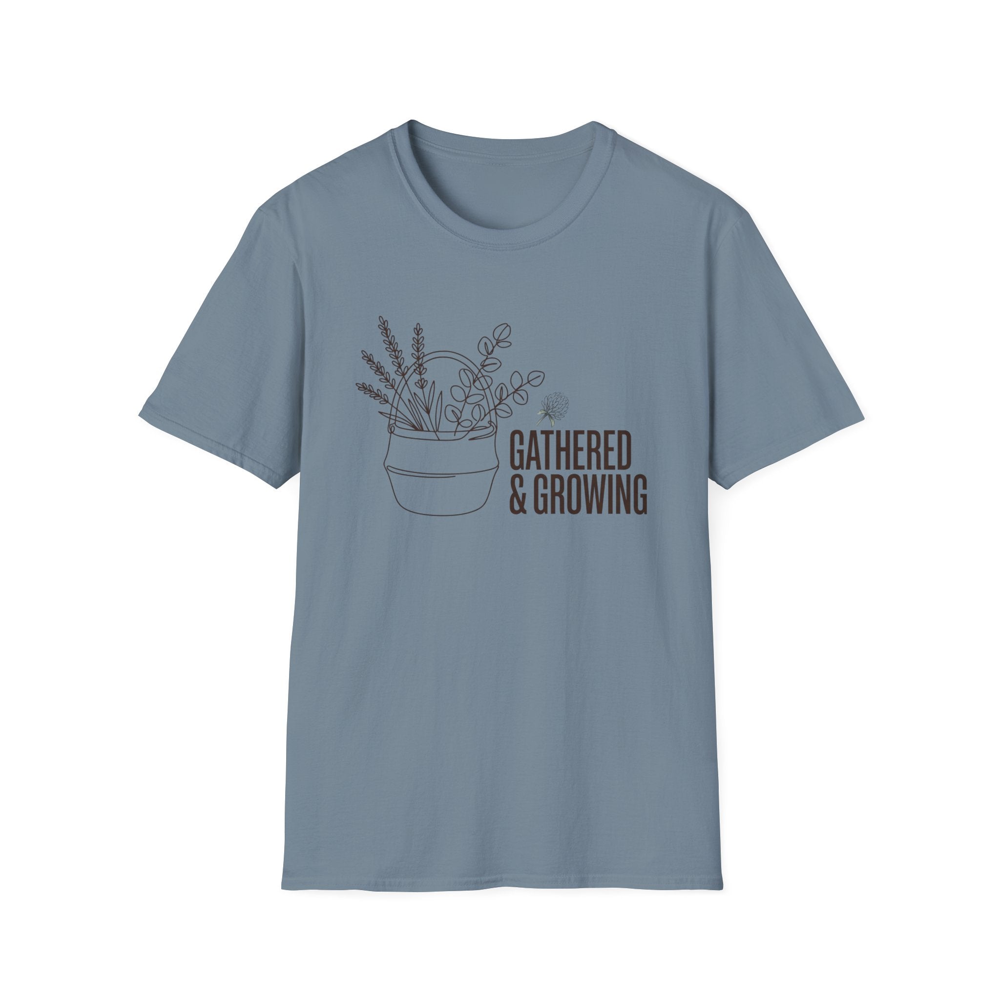 Gathered And Growing homeschool mom graphic t-shirt with a gathered-at-home inspired graphic with books, florals, and cozy family learning details