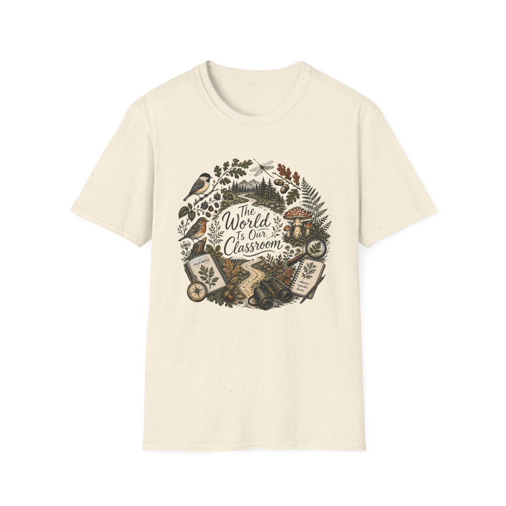The World Is Our Classroom homeschool mom graphic t-shirt with an adventurous homeschool graphic with nature, books, and outdoor learning energy